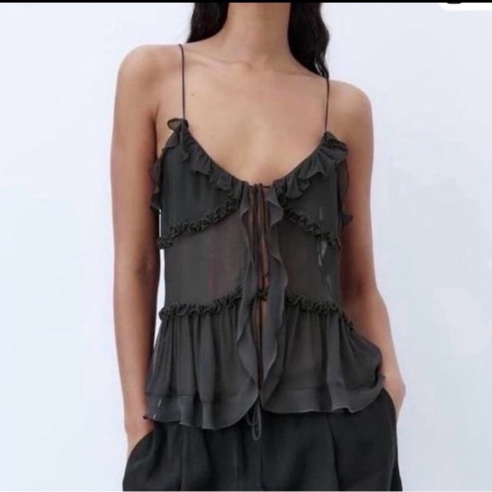 Zara Sheer Ruffle Tie-Front Cami - Charcoal